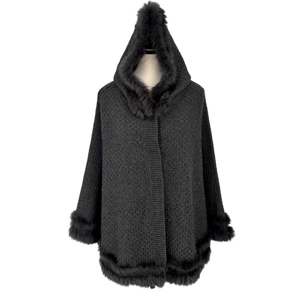 Hooded Grey Knitted Cape with Rabbit Fur Trim Dolce Cabo O/S